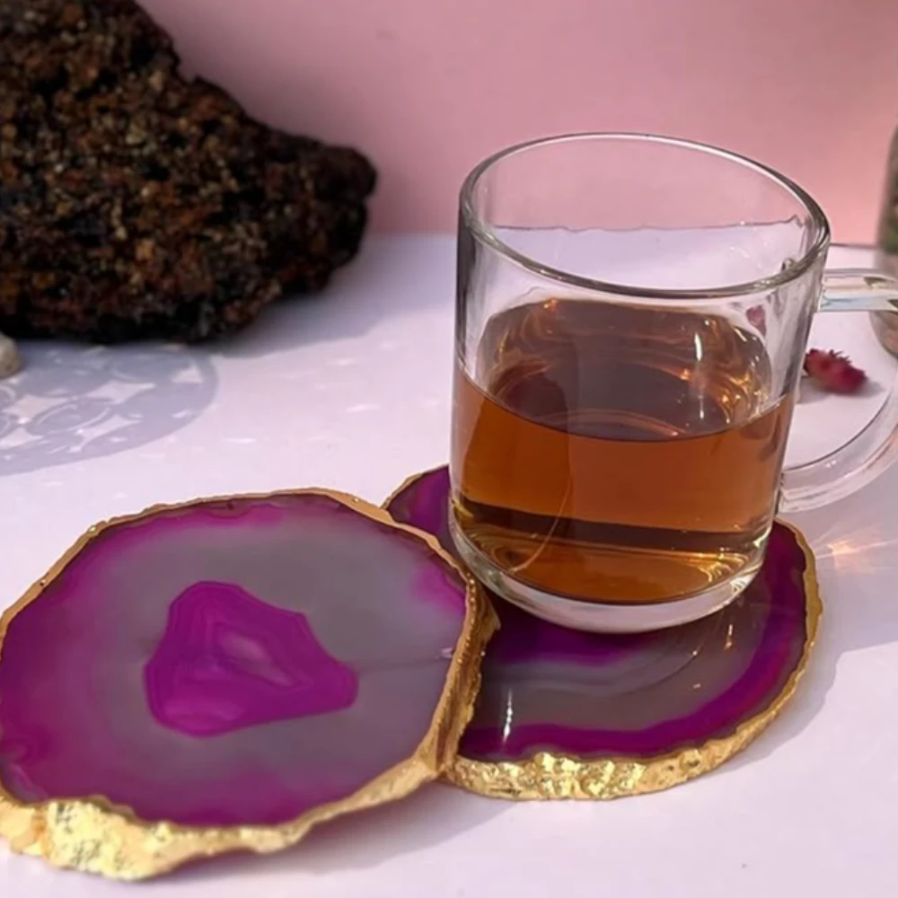 Agatesvibe Brazilian Agate Stone Coaster Beautiful Coaster Fit for Tea Cups Coffee Mugs and Glasses Perfect Table Accessories Tableware (4, Pink)