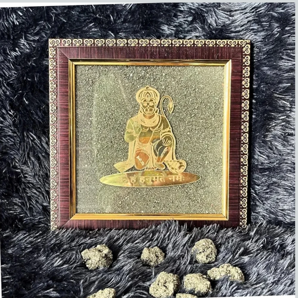 Agatesvibe Hanuman Ji Engraved Wooden Frame (7x7 Inch) | Vastu Wall Decor for Living Room & Office | Original Raw Pyrite Stone for Wealth, Prosperity, Money Attraction, Protection, Abundance & Positive Energy