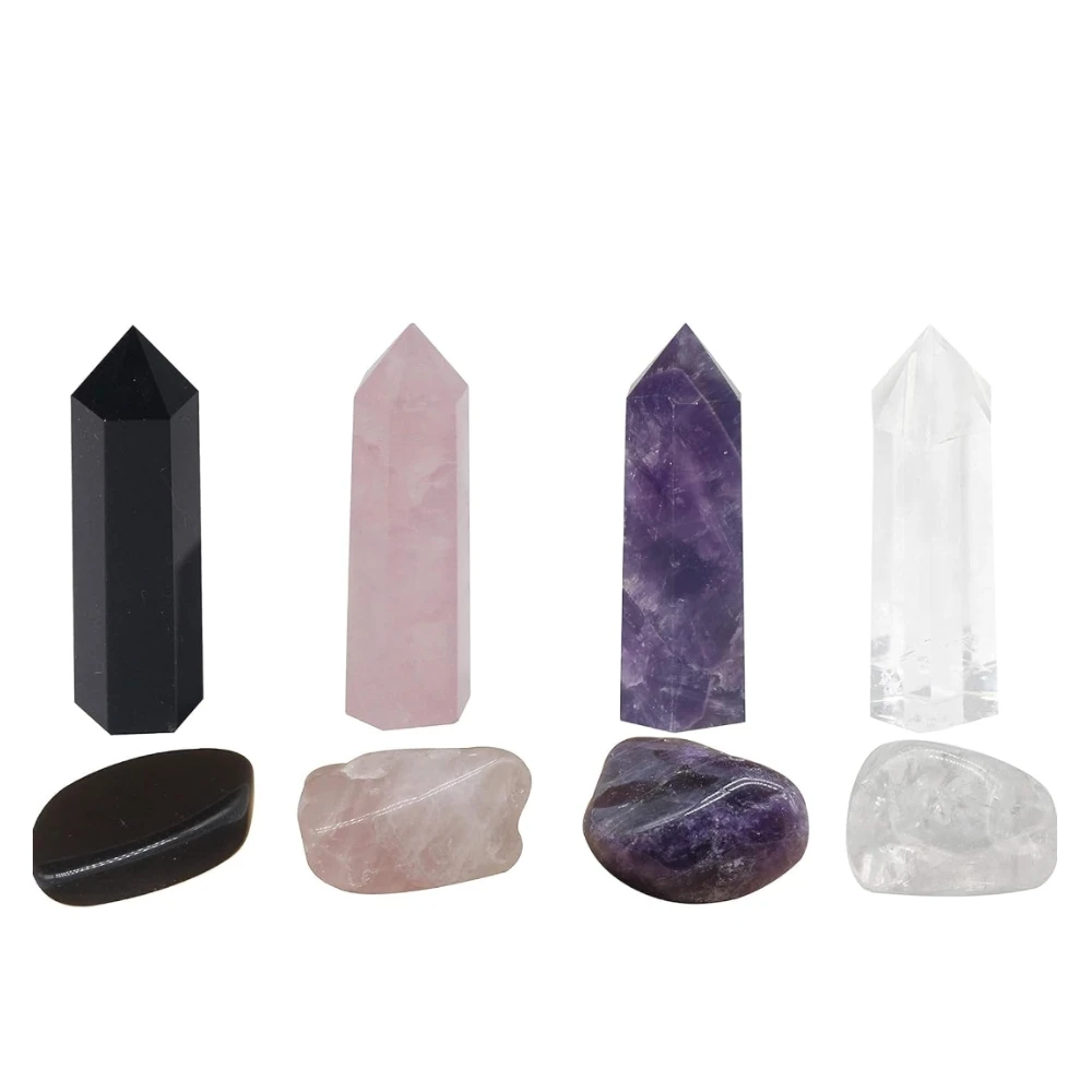 Agatesvibe Goege Bailey Amethyst Crystal Wand – Healing Stone | Faceted Reiki Chakra Meditation Tool for Energy Balancing & Spiritual Therapy (4 Pcs Crystal Wands With 4 Pcs Tumbled Crystals)