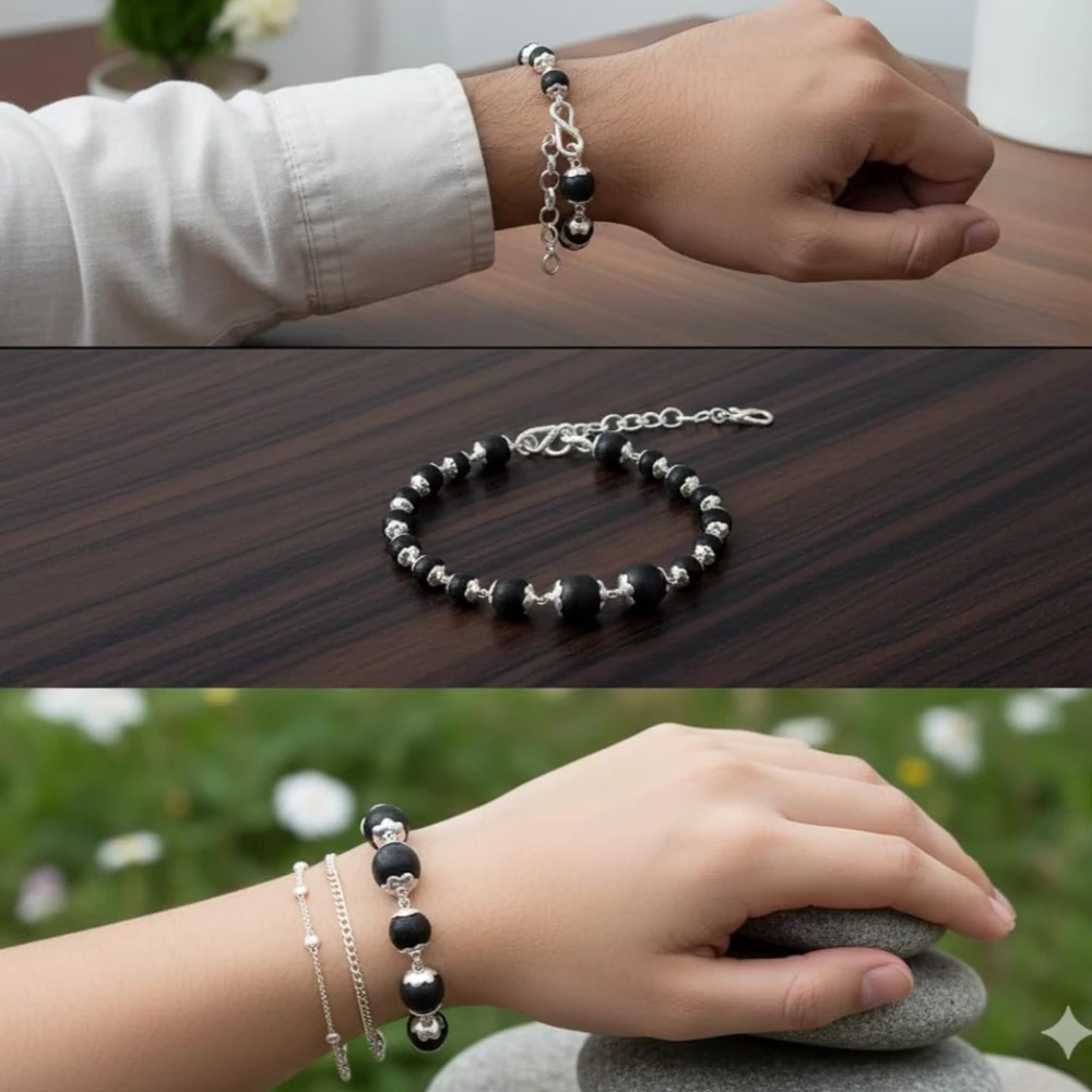 925 Silver Karungali Bracelet for Men & Women | Natural Ebony Wood Beads 7mm with Silver Capping | Adjustable Healing Bracelet with Length Extension Chain | Spiritual Protection Jewelry