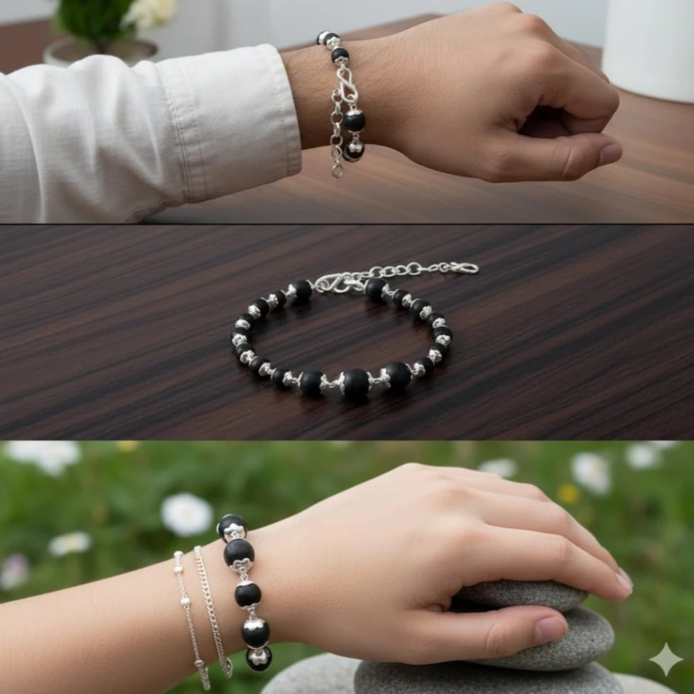 925 Silver Karungali Bracelet for Men & Women | Natural Ebony Wood Beads 7mm with Silver Capping | Adjustable Healing Bracelet with Length Extension Chain | Spiritual Protection Jewelry