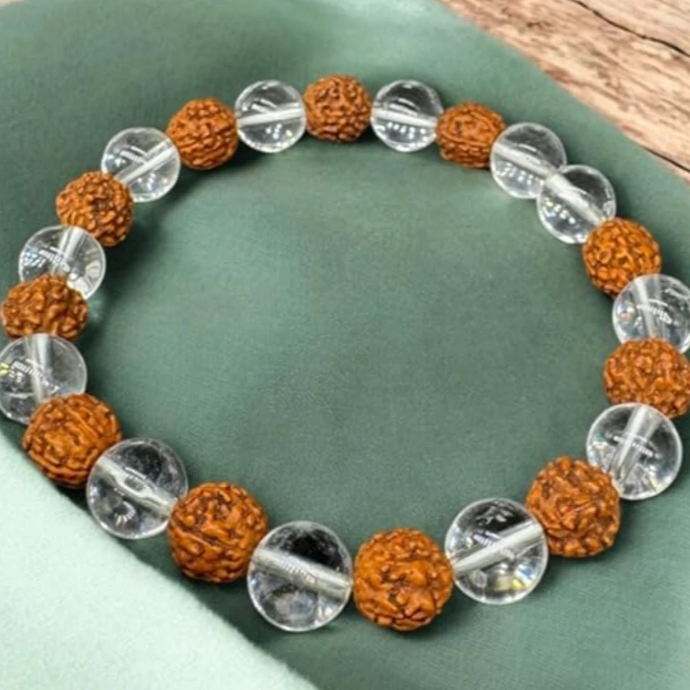 Agatesvibe Premium Sphatik & 5 Mukhi Rudraksha Bracelet | Energized Crystal & Spiritual Beads Stretchable Unisex Bracelet (Pack of 1)