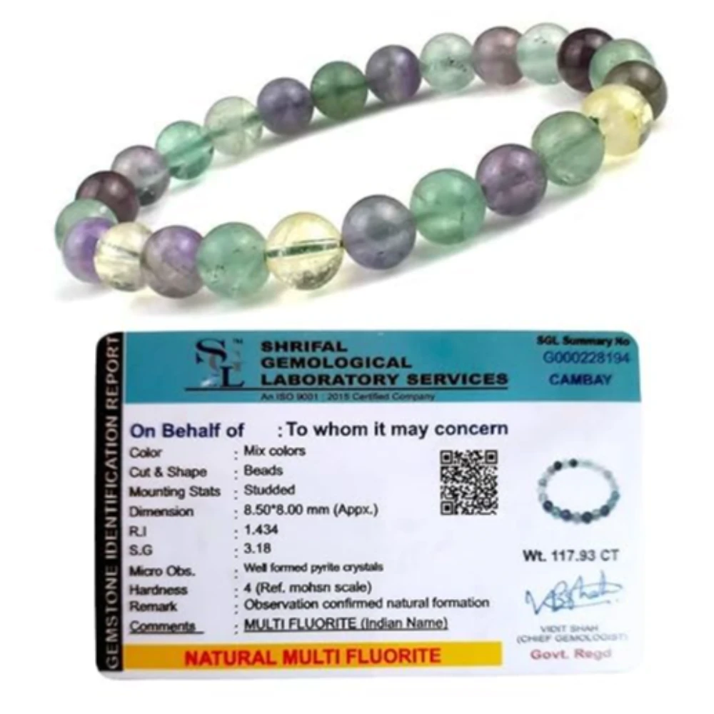 Agatesvibe Natural Certified 8mm Healing Crystal Bracelet | Stretchable, Suitable for Men and Women | for Chakra Balancing, Inner Peace, Abundance, and overall Well-being (Pack of 1) (Multi Fluorite)