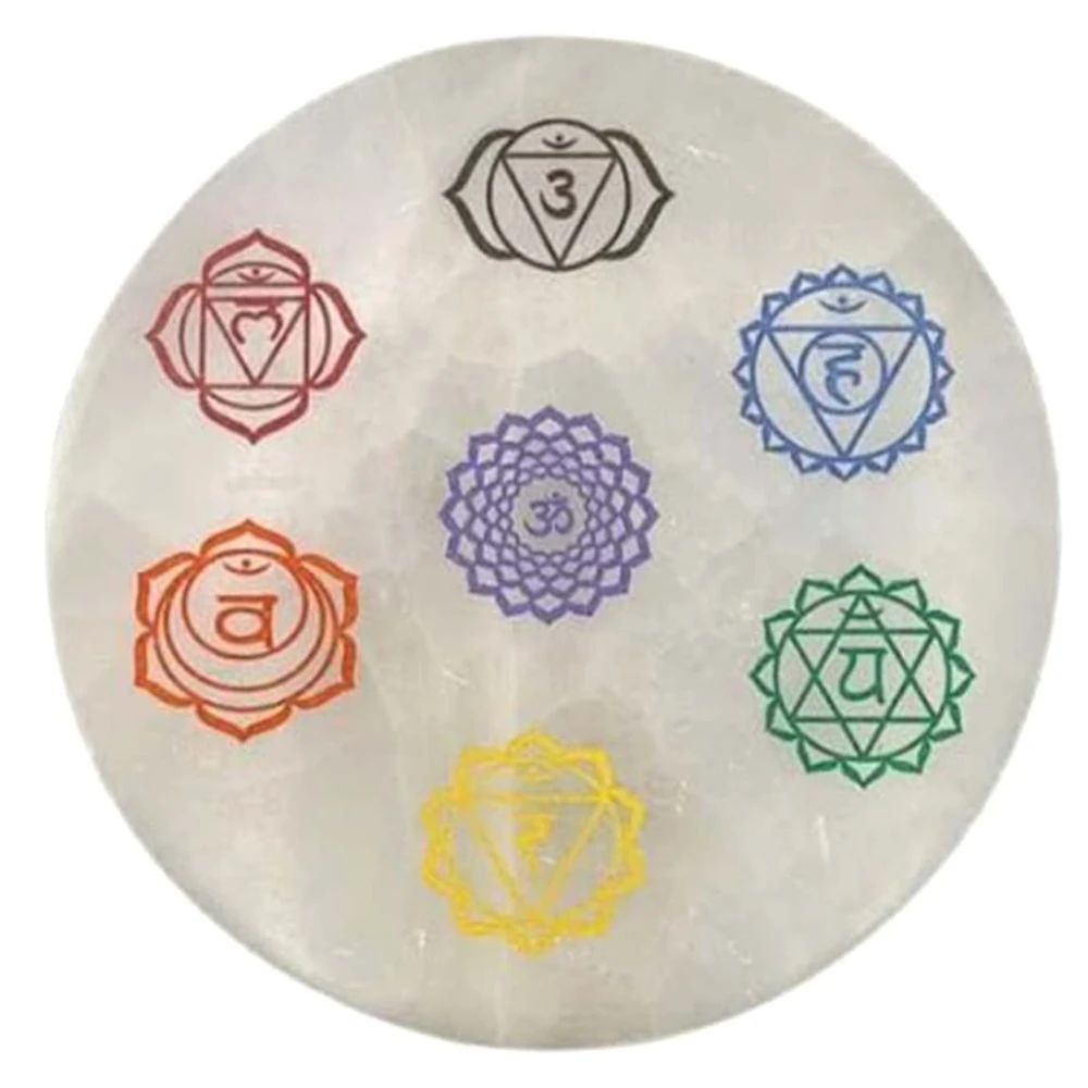 Agatesvibe Selenite Seven Chakra Natural Selenite Crystal Charging Plate | Hand-Carved Chakra Symbols | Crystal Charging, Cleansing & Recharging (Pack of 1)