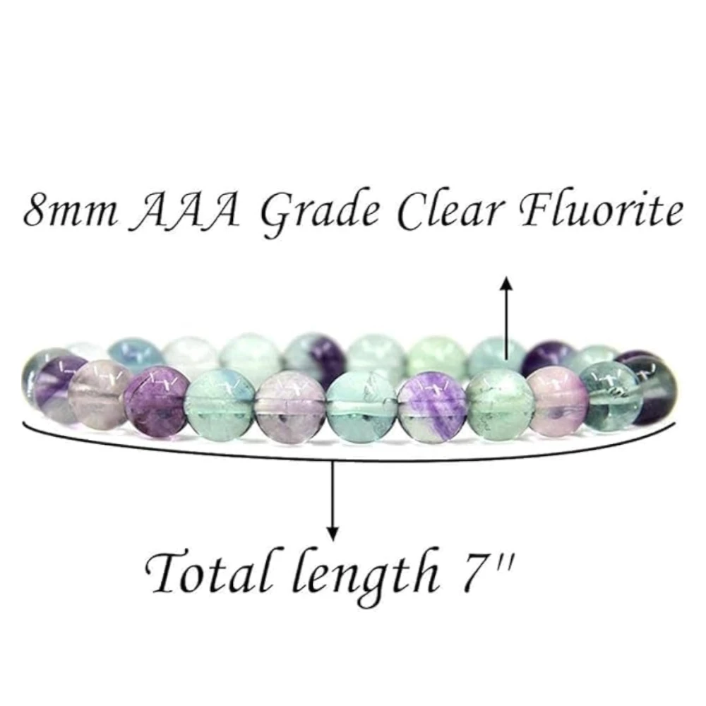 Agatesvibe Handmade Gem Semi-Precious Gemstone 8mm Round Beads Stretch Bracelet – 7" Unisex (Pack of 1) (Fluorite)
