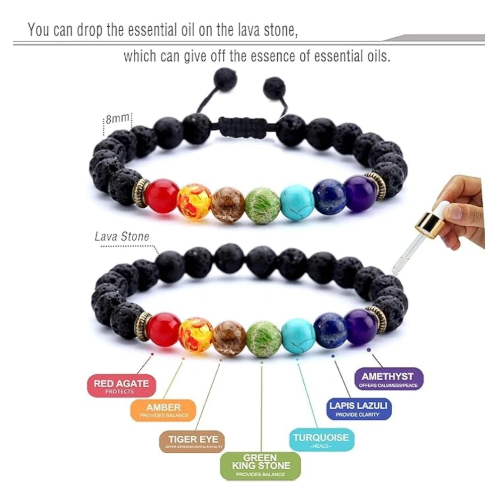 Agates Vibe 8mm Lava Rock Lava Rock 7 Chakra Beads Bracelet for Men & Women – Braided Rope Agate Stone Healing Energy Bangle (2 Pcs Set)