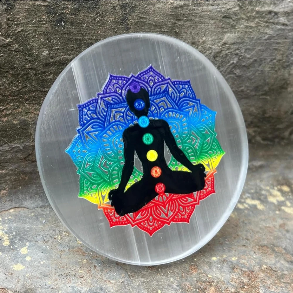 Agatesvibe Round Selenite Crystal Charging Plate - Natural Selenite Stone for Crystal Charging & Vastu (Tree)