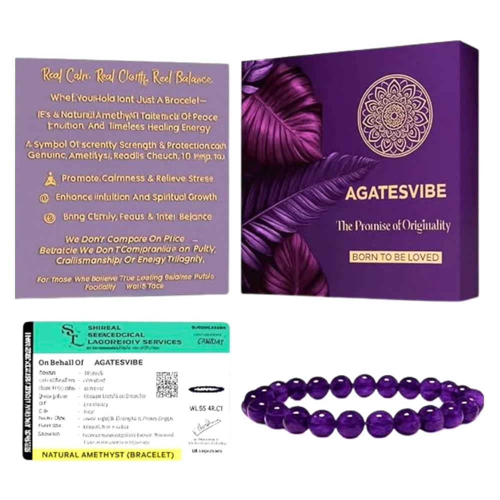 Certified Natural Amethyst Bracelet – Original Purple Stone Crystal Jewellery for Men & Women, Healing, Meditation & Energy Gemstone with Activation Card & Authenticity Certificate