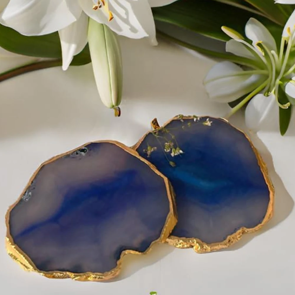 Agatesvibe Brazilian Agate Stone Coaster Beautiful Coaster Fit for Tea Cups Coffee Mugs and Glasses Perfect Table Accessories Tableware (4, Blue)