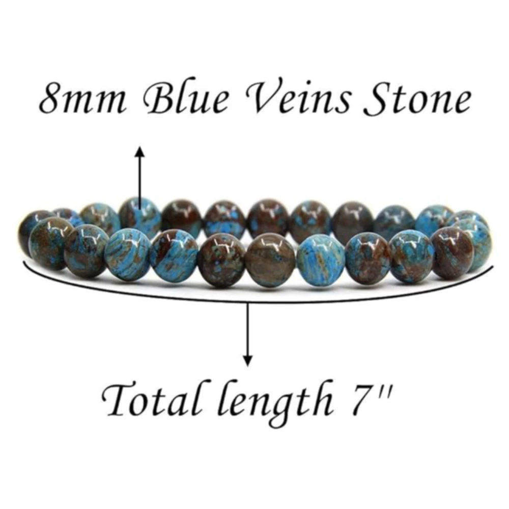 Agatesvibe Handmade Gem Semi Precious Gemstone 8mm Round Beads Stretch Bracelet 8mm Bead Size (Blue Wood Veins Jasper)