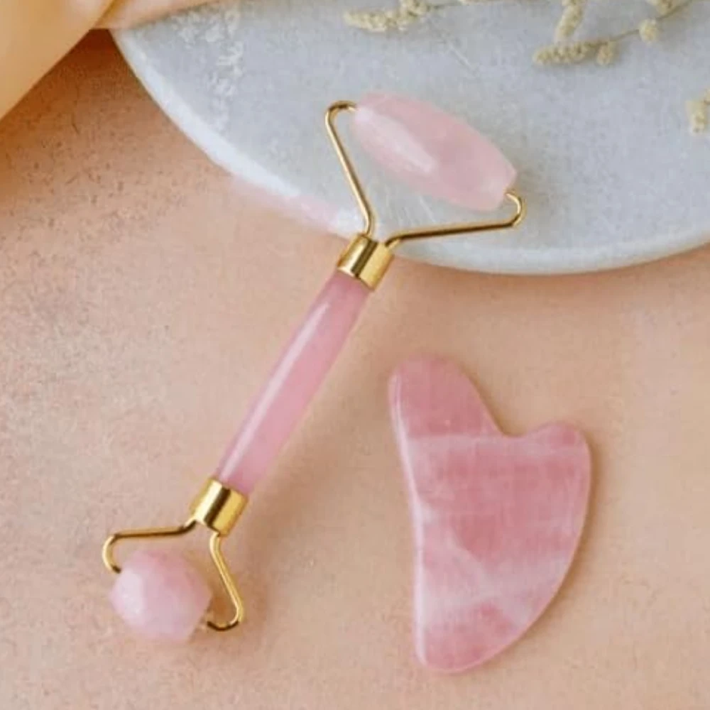 Agatesvibe Roller & Gua Sha Set, Face Roller Manual Massager,Jade Applicator for Face, Neck,Body Muscle,Relaxing, Stimulating Blood Flow, Relieve Fine Lines, Wrinkles, (Rose Quartz)