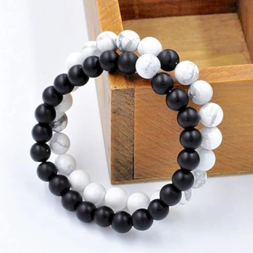 Agatesvibe "2 Pcs Black & White Natural Stone Beaded Bracelet Set | Healing Reiki Feng Shui Couple Bracelets for Men & Women | BFF, Valentine's Gift, Unisex Jewelry