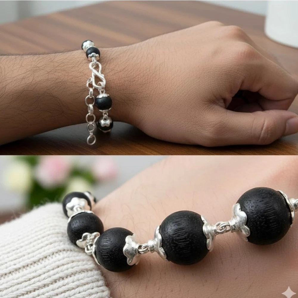 925 Silver Karungali Bracelet for Men & Women | Natural Ebony Wood Beads 7mm with Silver Capping | Adjustable Healing Bracelet with Length Extension Chain | Spiritual Protection Jewelry