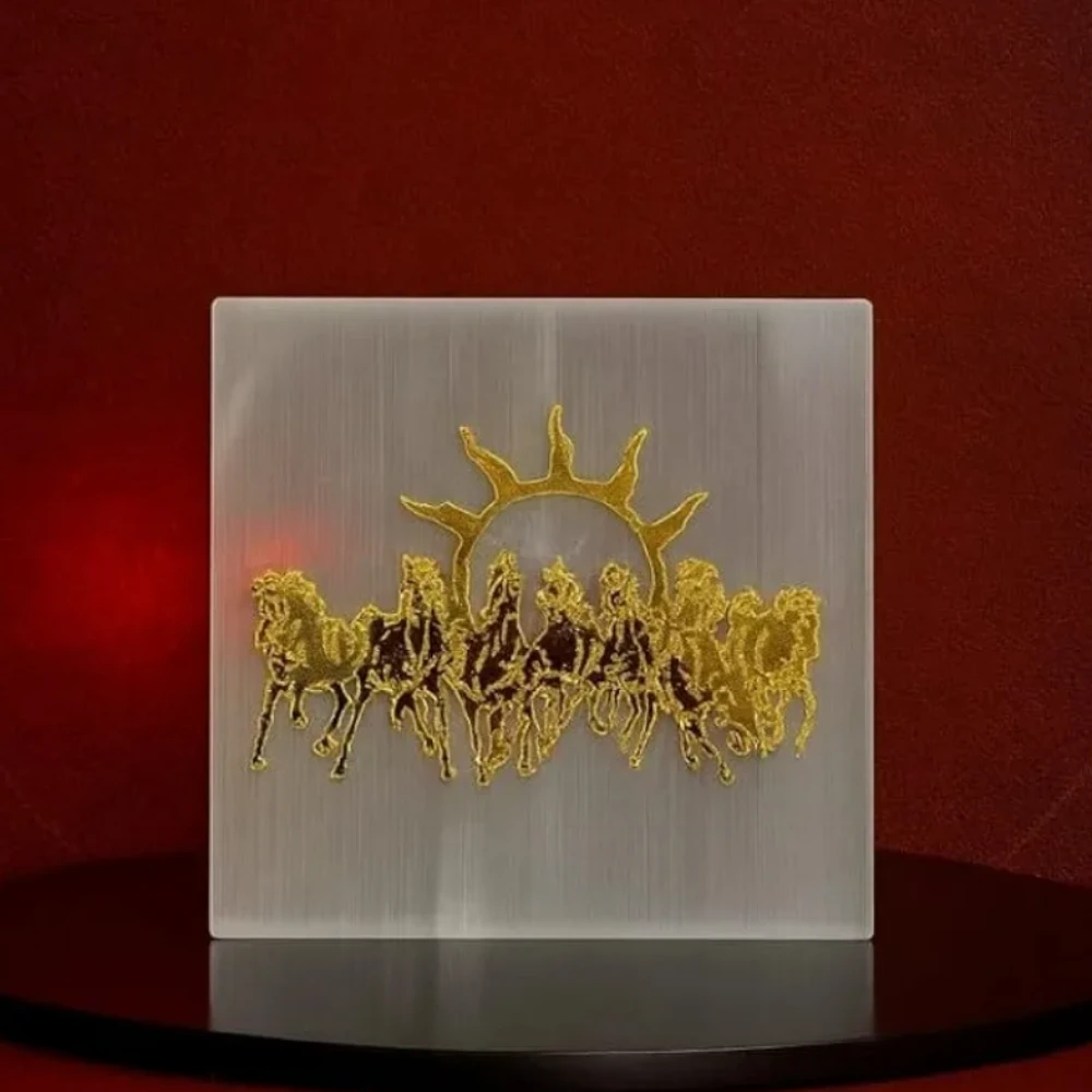 Seven Running Horses Vastu 3-4 Inch with Golden Artwork on Selenite-Style Crystal Plate | Symbol of Success Money Growth & Positive Energy | Elegant Home Office Decor Gift for Good Fortune