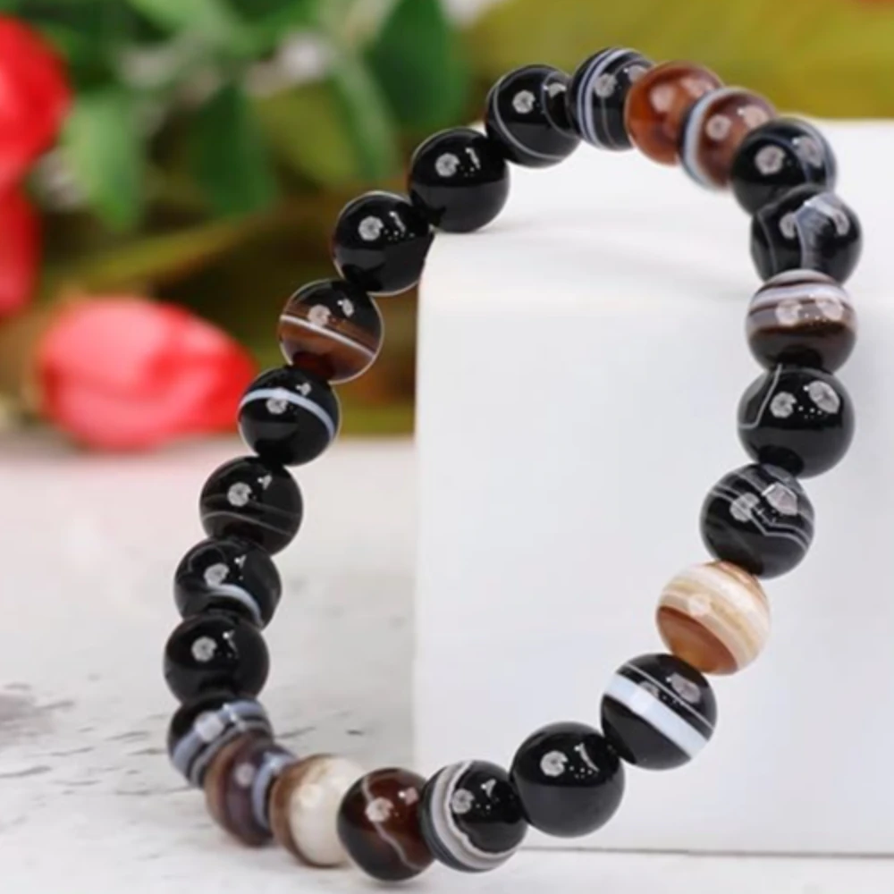 Agatesvibe Crystal Bracelet for Men & Women (8mm) | Gemstone Round Beads Bracelet for Girls | Elastic Casual Bracelet for Boys | Natural Reiki Feng Shui Healing Stone Bracelet for Unisex Adults (PAck of 1) (Black Sulemani)