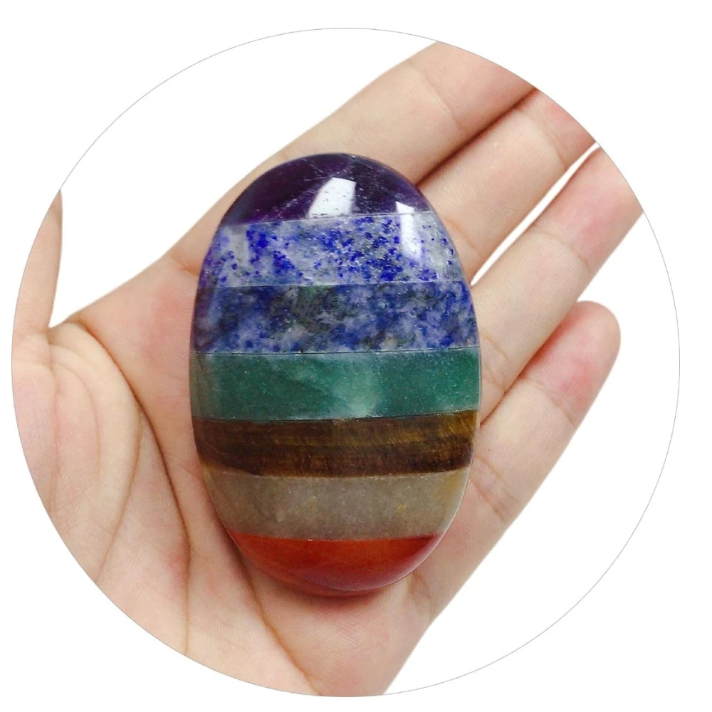 Agatesvibe Natural Palm Stone Crystal – Polished Chakra Reiki Healing Oval Worry Stone for Anxiety & Stress Relief Therapy (Pack of 1) (7 Chakra)