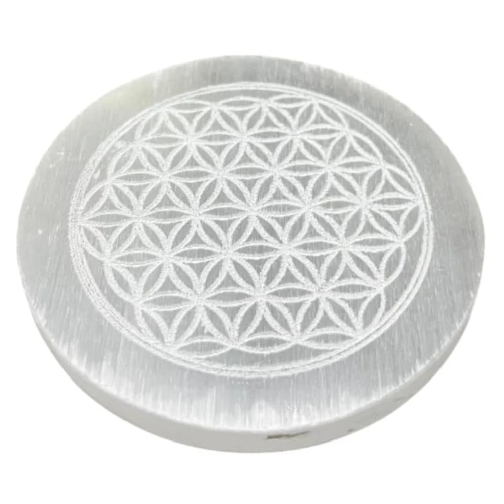 Agatesvibe Selenite Crystal Charging Plate – Engraved Sri Yantra Selenite Plate for Crystal Cleansing, Energy Recharging, & Pooja Rituals (Pack of 1) (Plain, 3 Inch)