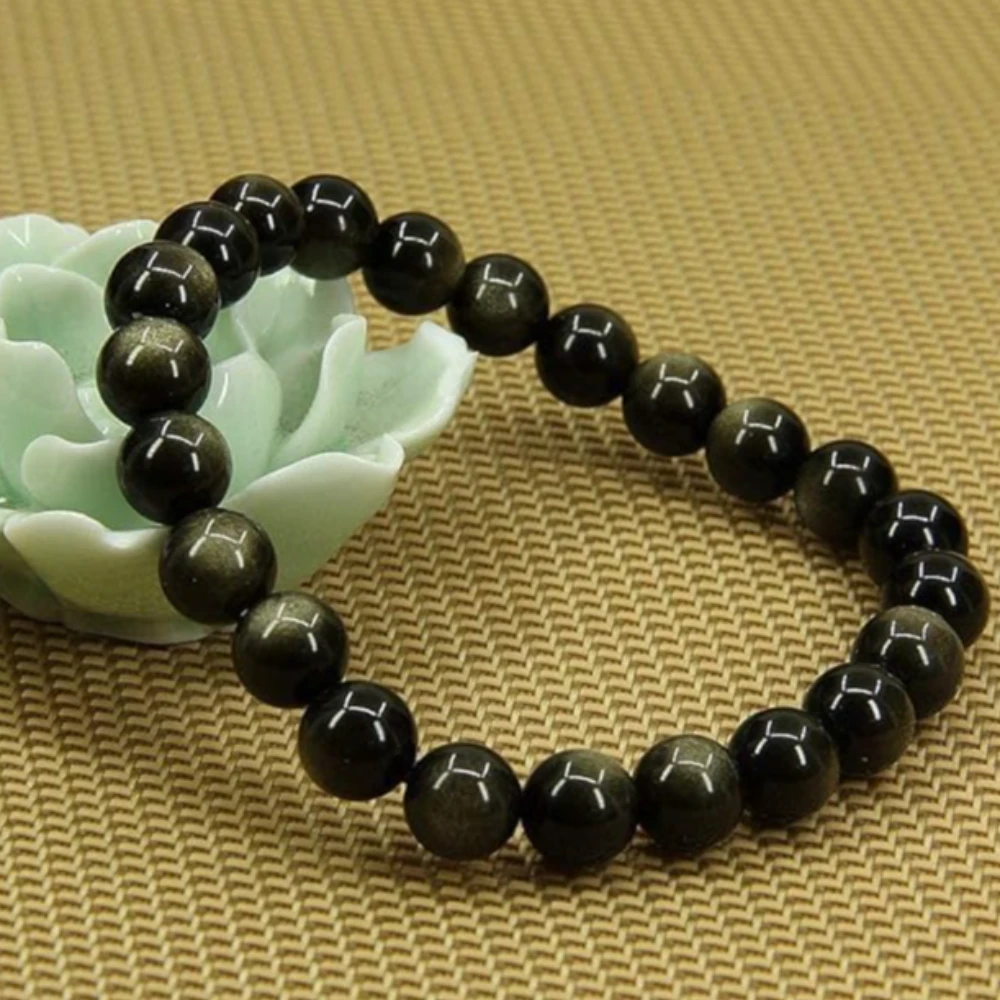 Agatesvibe Handmade Gem Semi Precious Gemstone 8mm Round Beads Stretch Bracelet 8mm Bead Size (Golden Obsidian)