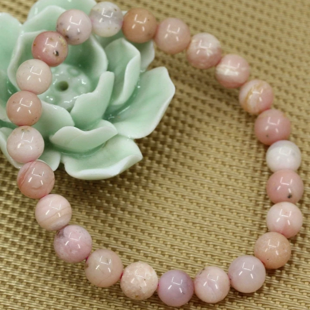 Agatesvibe Handmade Gem Semi Precious Gemstone 8mm Round Beads Stretch Bracelet 8mm Bead Size (Pink Opal)