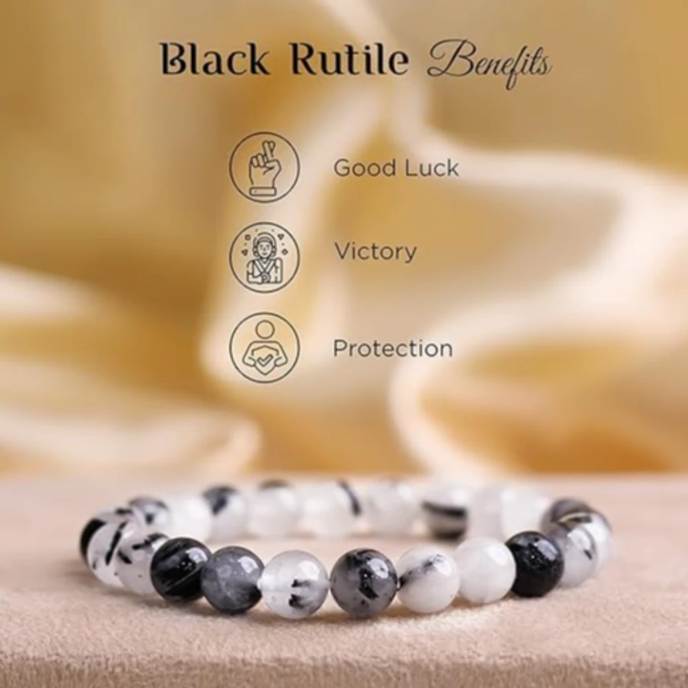Agatesvibe Handmade Gem Semi Precious Gemstone 8mm Round Beads Stretch Bracelet (Black Rutilated)