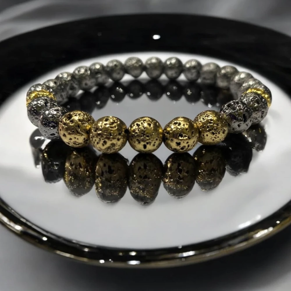 Agatesvibe Kings and Queens Golden and Silver Lava Stone Bracelets Drop your Favourite fragrance into Lava Stone and Gift that Your Loved One (Pack of 2)