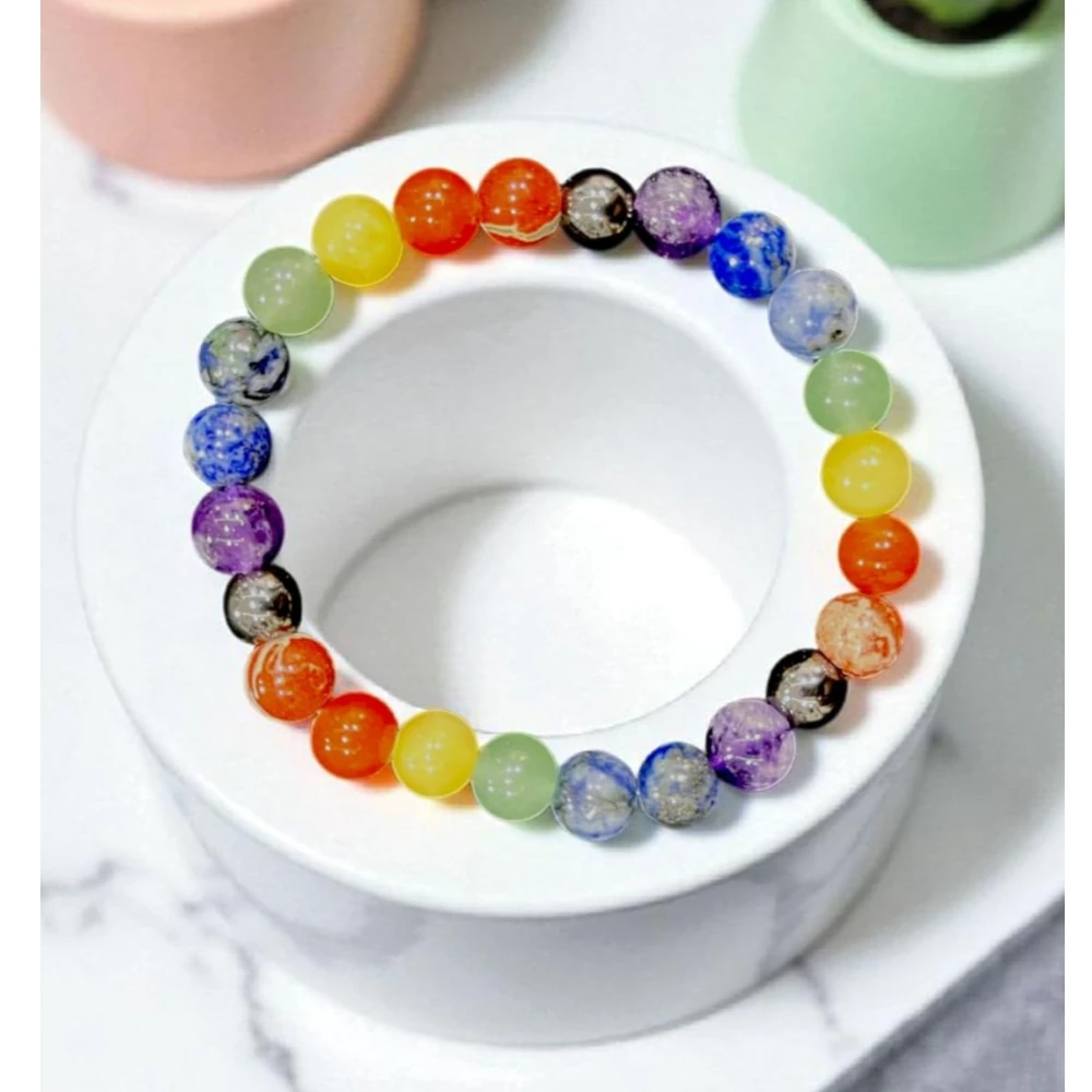 Agatesvibe Factory Multicolour 7 Chakra Bracelet – 10mm Natural Stone Beads for Reiki Healing, Meditation & Protection – Unisex Crystal Energy Jewelry (Pack of 1)