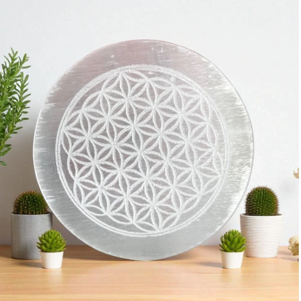 Agatesvibe Selenite Crystal Charging Plate – Engraved Sri Yantra Selenite Plate for Crystal Cleansing, Energy Recharging, & Pooja Rituals (Pack of 1) (: Sri Yantra, 4 Inch)