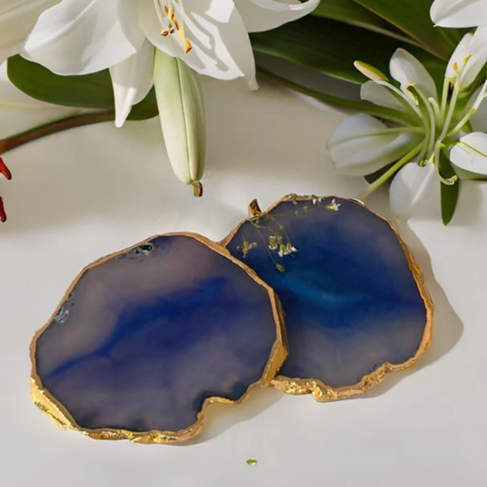 Agatesvibe Brazilian Agate Stone Coaster Beautiful Coaster Fit for Tea Cups Coffee Mugs and Glasses Perfect Table Accessories Tableware (Pack of 1) (Blue Agate Set of 2)