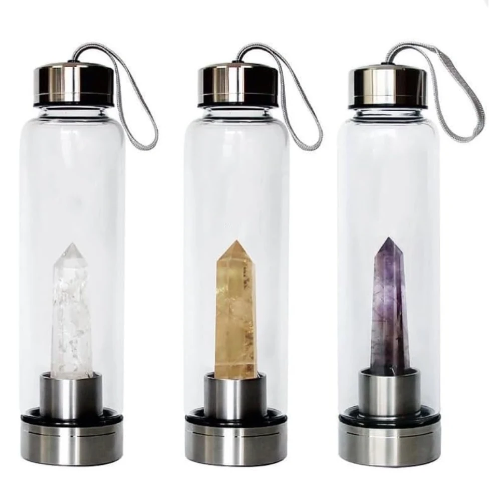 Agatesvibe Crystal Elixir Water Bottle 500ml Natural Gemstone Glass Bottle with Point Obelisk Wand & Leak Proof Stainless Steel Cap for Infused Gemwater (Amethyst)