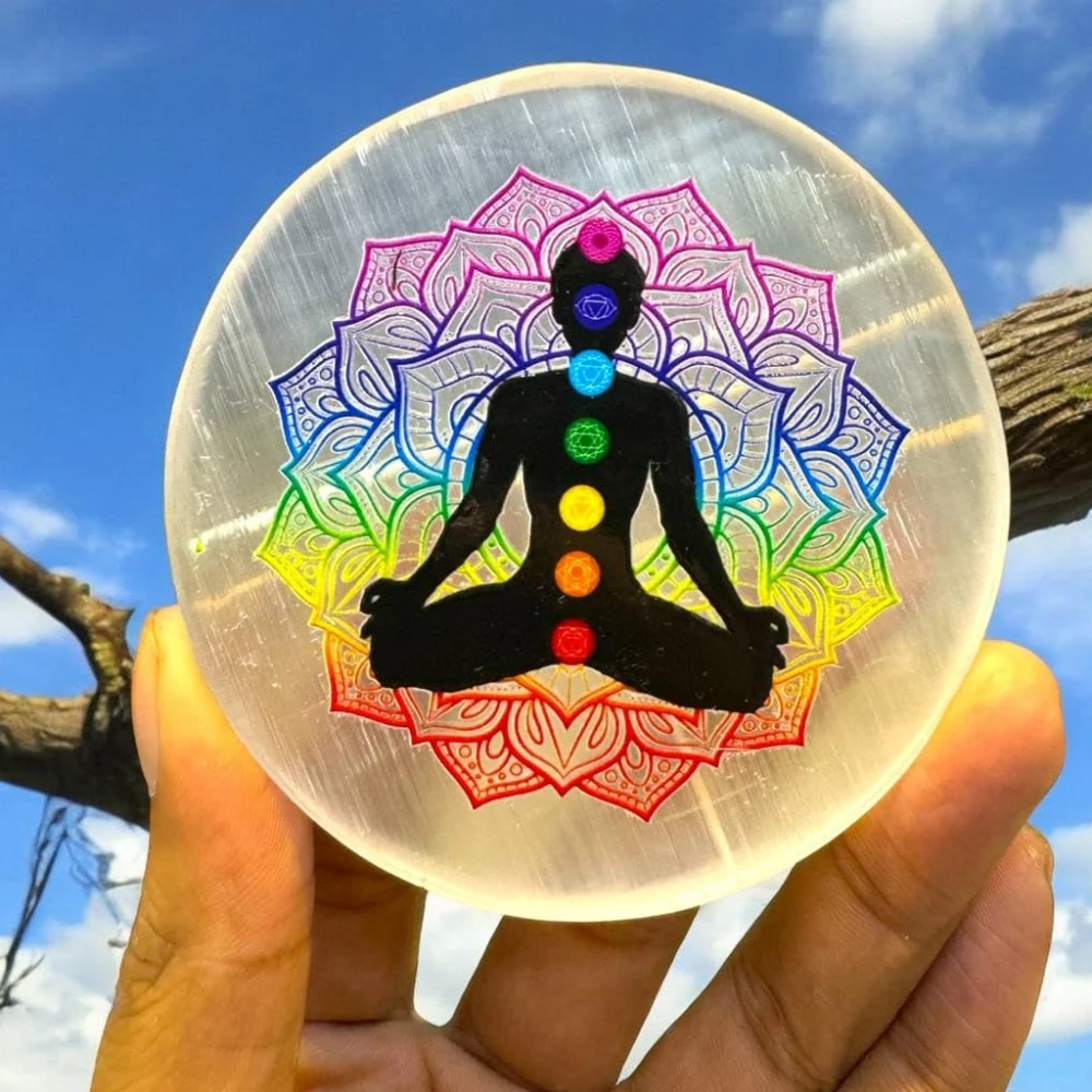 Agatesvibe Handcrafetd Natural Selenite Charging Plate in Round Shape with Engraved Symbol of Charkras Selenite Charging Plate for Postive Energy and Charger (Wand Engraved Flower)