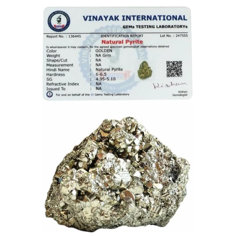 Agatesvibe Natural Energised Golden Pyrite Cluster Grade - Original Stone for Healing, Willpower, Money Manifestation, Vastu, and Business - Certified (Pack Of 1) (Pyrite 120-180 Gram Cluster Pyrite)