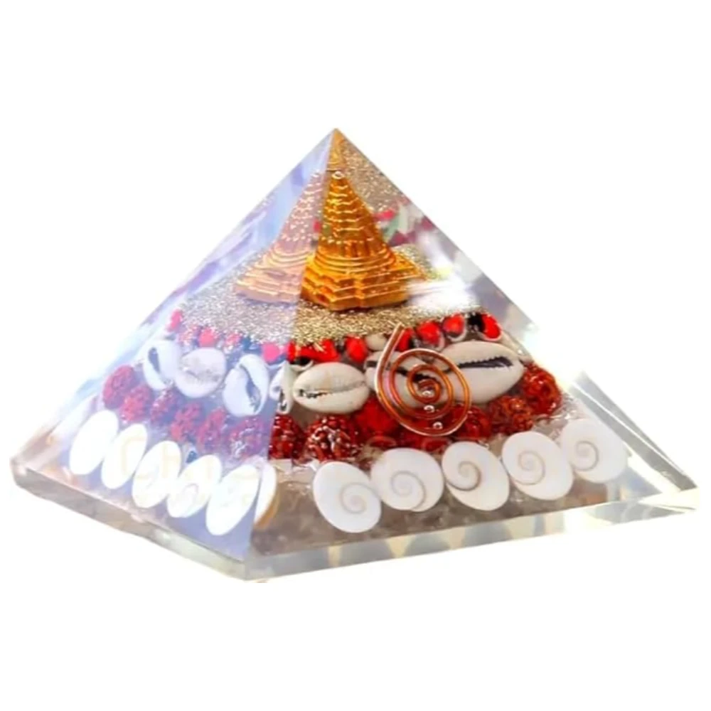Agatesvibe Laxmi Pyramid – Original Certified Gomati Chakra, & Cowrie Maha Laxmi Pyramid (90mm) with Shree Yantra | Pooja Vastu Item for Home, Good Luck, Money & Wealth (Pack of 1) (Pyramid)
