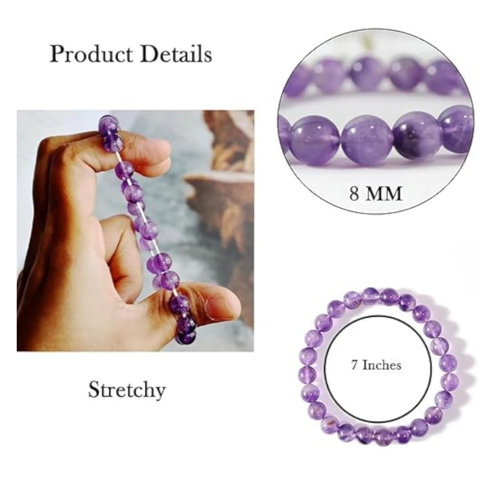 Agatesvibe Handmade Gem Semi Precious Gemstone 8mm Round Beads Stretch Bracelet 8mm Bead Size (Light Amethyst)