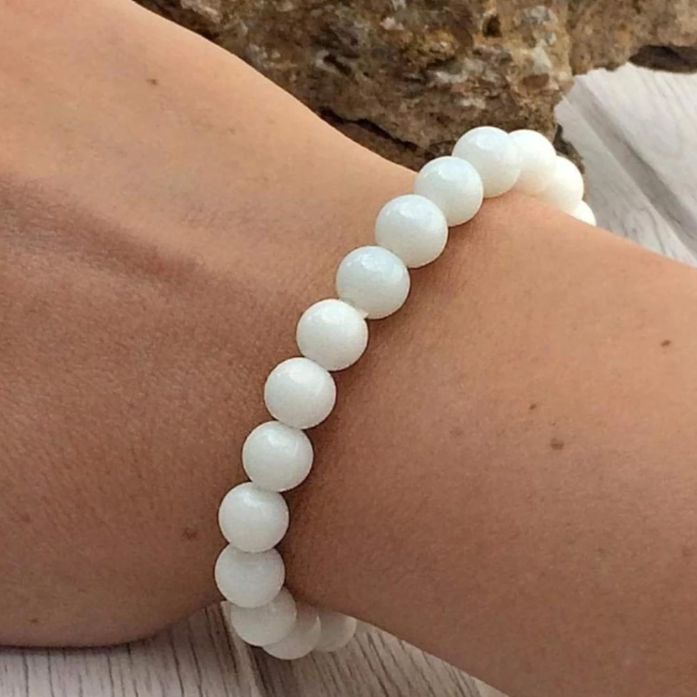 Agatesvibe Handmade Gem Semi Precious Gemstone 8mm Round Beads Stretch Bracelet 8mm Bead Size (White Hematite)