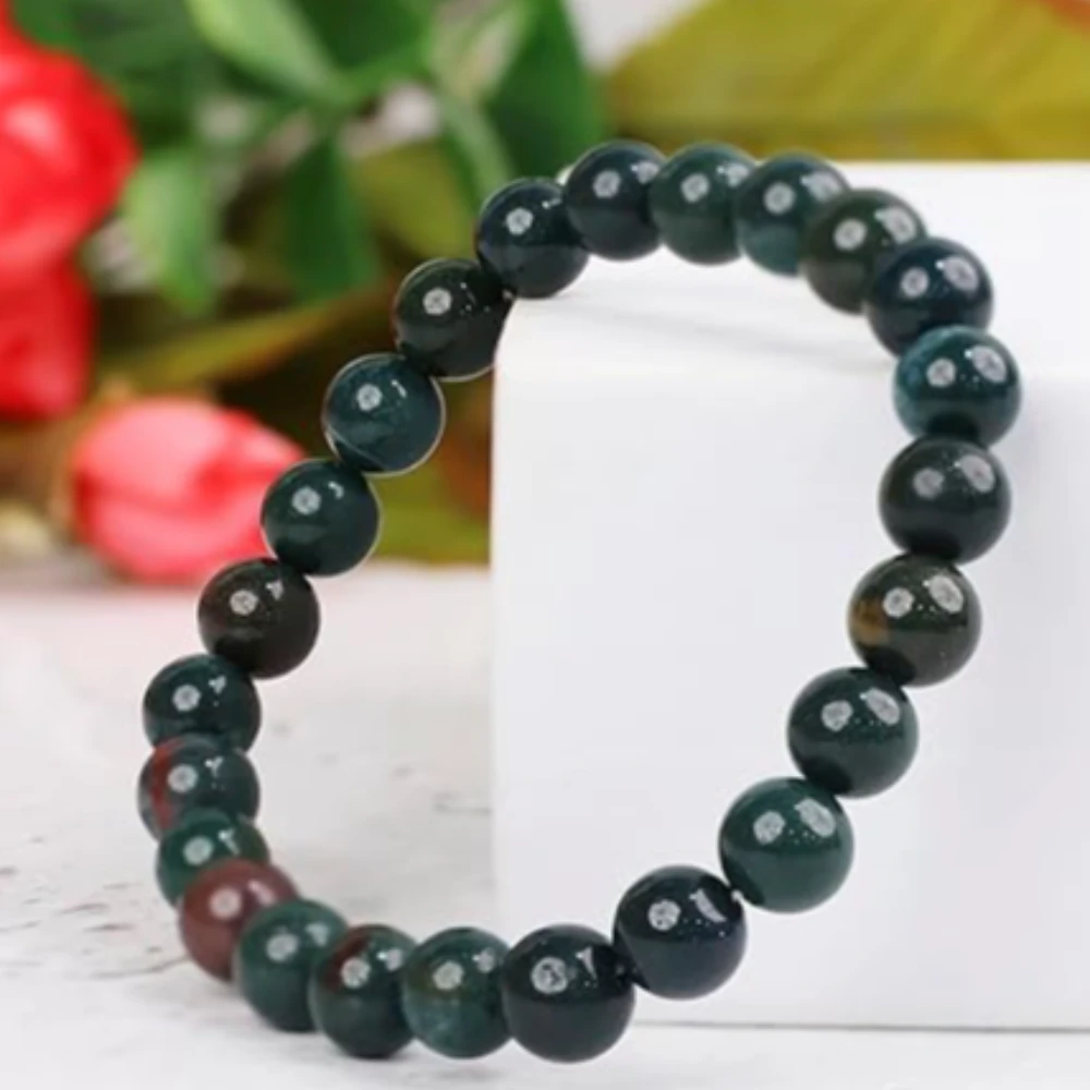Agatesvibe Handmade Gem Semi Precious Gemstone 8mm Round Beads Stretch Bracelet (Bloodstone)
