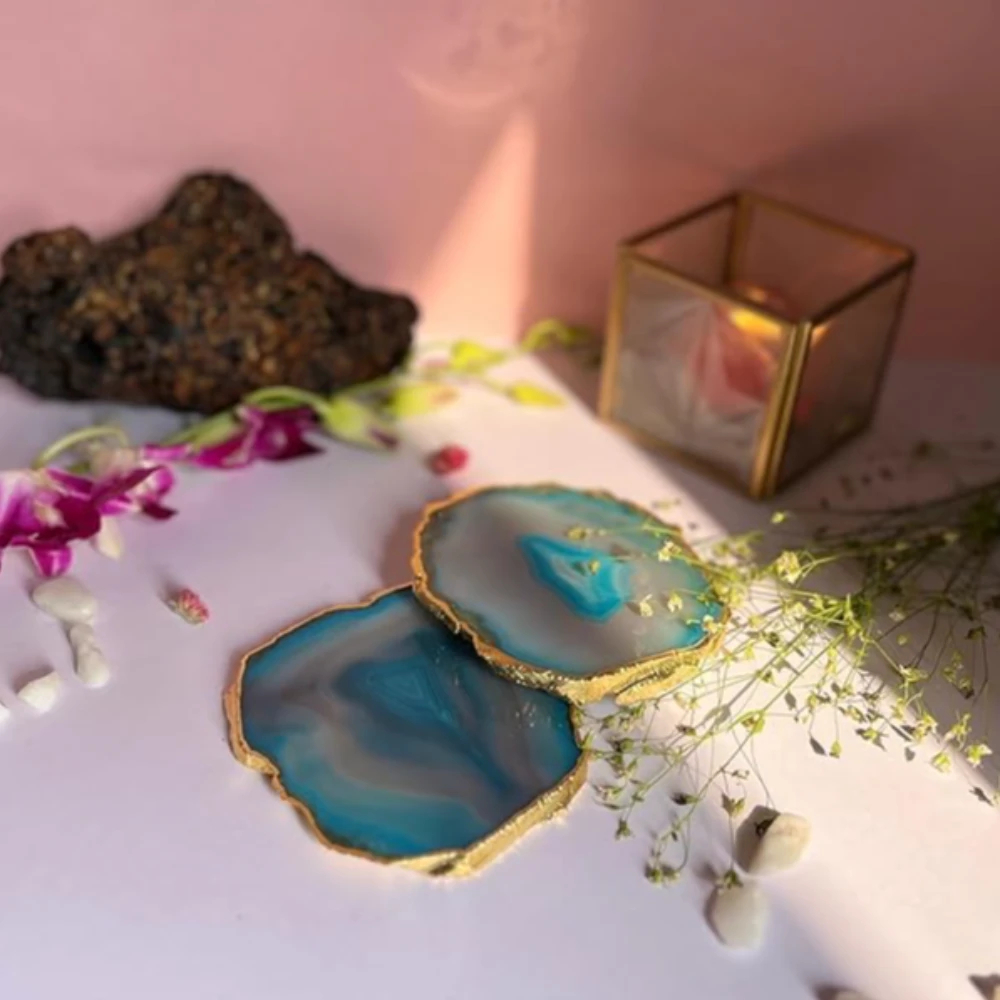Agatesvibe Brazilian Agate Stone Coaster Beautiful Coaster Fit for Tea Cups Coffee Mugs and Glasses Perfect Table Accessories Tableware (2, Turquoise)