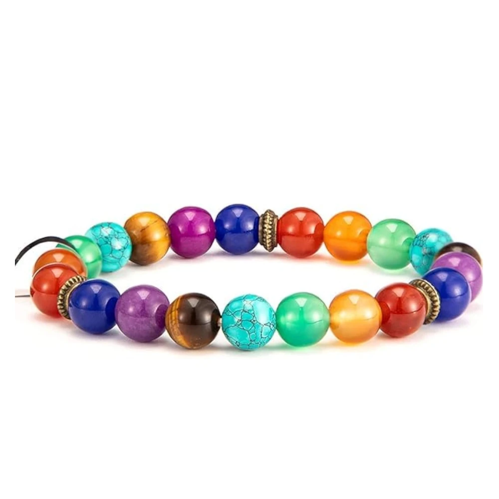 Agatesvibe "7 Chakra Healing Bead Bracelet – Natural Stone Yoga Energy Balancing Bracelet for Meditation, Reiki, Stress Relief – Unisex Adjustable Bangle(Pack of 1) (Colorful Gemstone Agate 09)