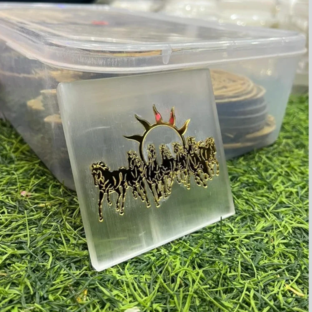 Seven Running Horses Vastu 3-4 Inch with Golden Artwork on Selenite-Style Crystal Plate | Symbol of Success Money Growth & Positive Energy | Elegant Home Office Decor Gift for Good Fortune