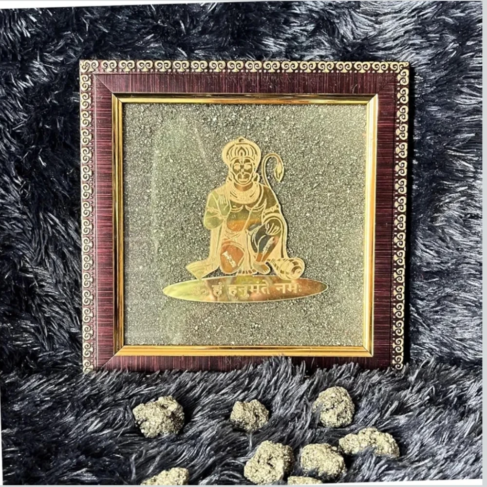 Agatesvibe Hanuman Ji Engraved Wooden Frame (7x7 Inch) | Vastu Wall Decor for Living Room & Office | Original Raw Pyrite Stone for Wealth, Prosperity, Money Attraction, Protection, Abundance & Positive Energy