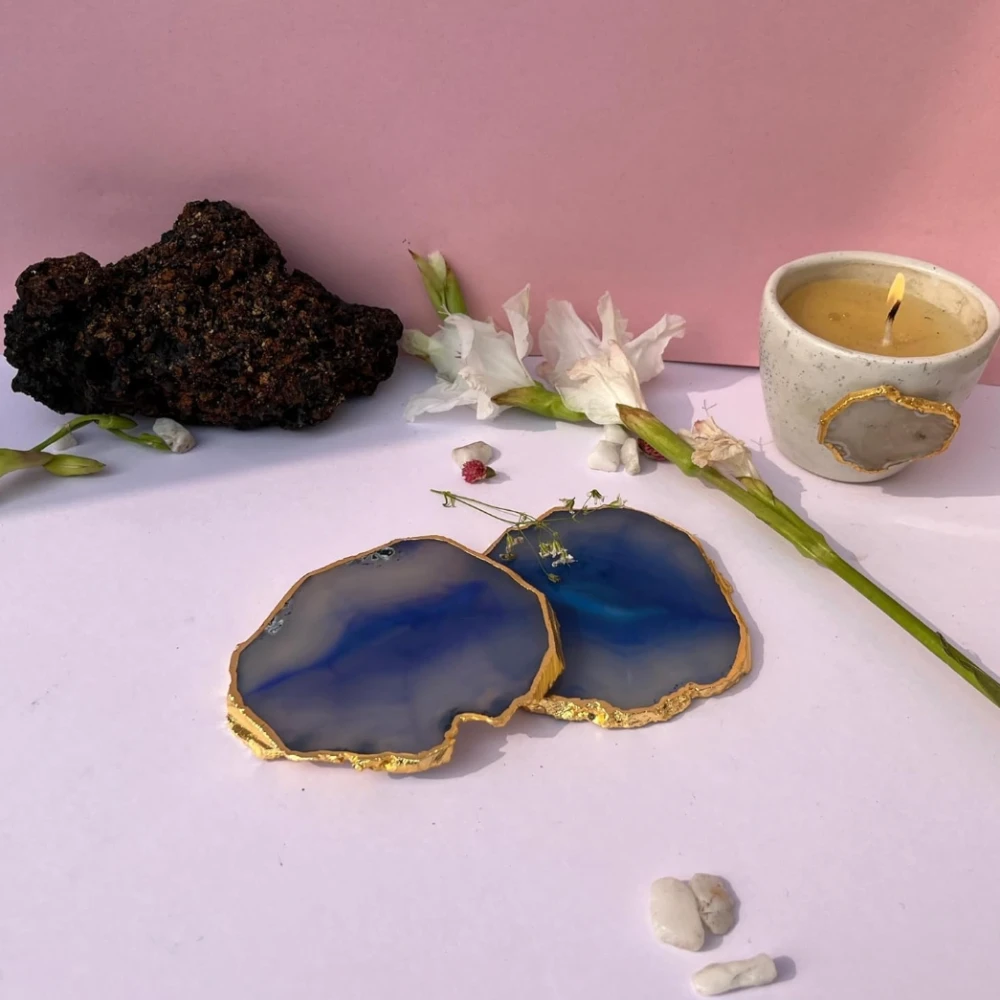 Agatesvibe Brazilian Agate Stone Coaster Beautiful Coaster Fit for Tea Cups Coffee Mugs and Glasses Perfect Table Accessories Tableware (2, Blue)