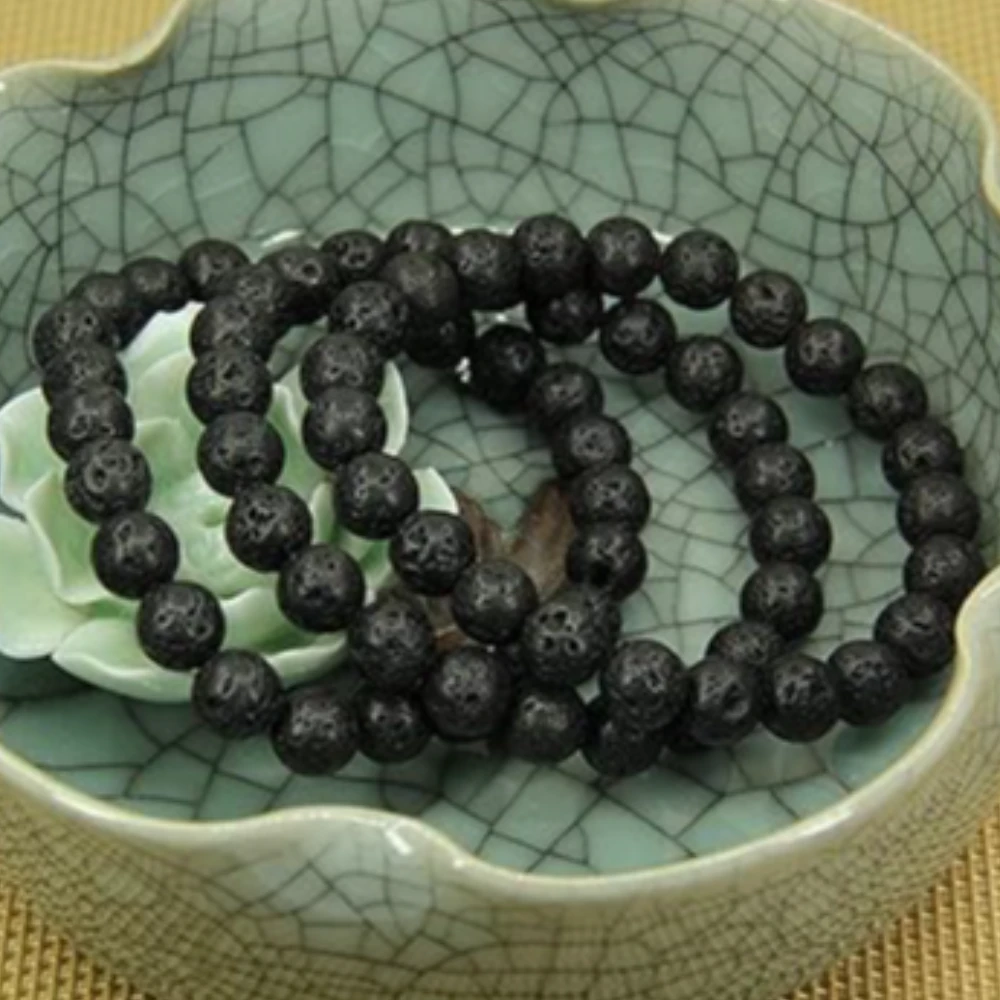 Agatesvibe Handmade Semi-Precious Gemstone Beaded Bracelet – 8mm Round Stretch Bracelet (7") for Unisex (Pack of 1) (Black Lava)