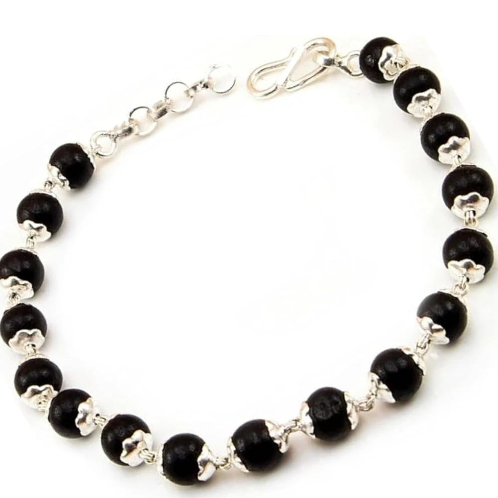 925 Silver Karungali Bracelet for Men & Women | Natural Ebony Wood Beads 7mm with Silver Capping | Adjustable Healing Bracelet with Length Extension Chain | Spiritual Protection Jewelry