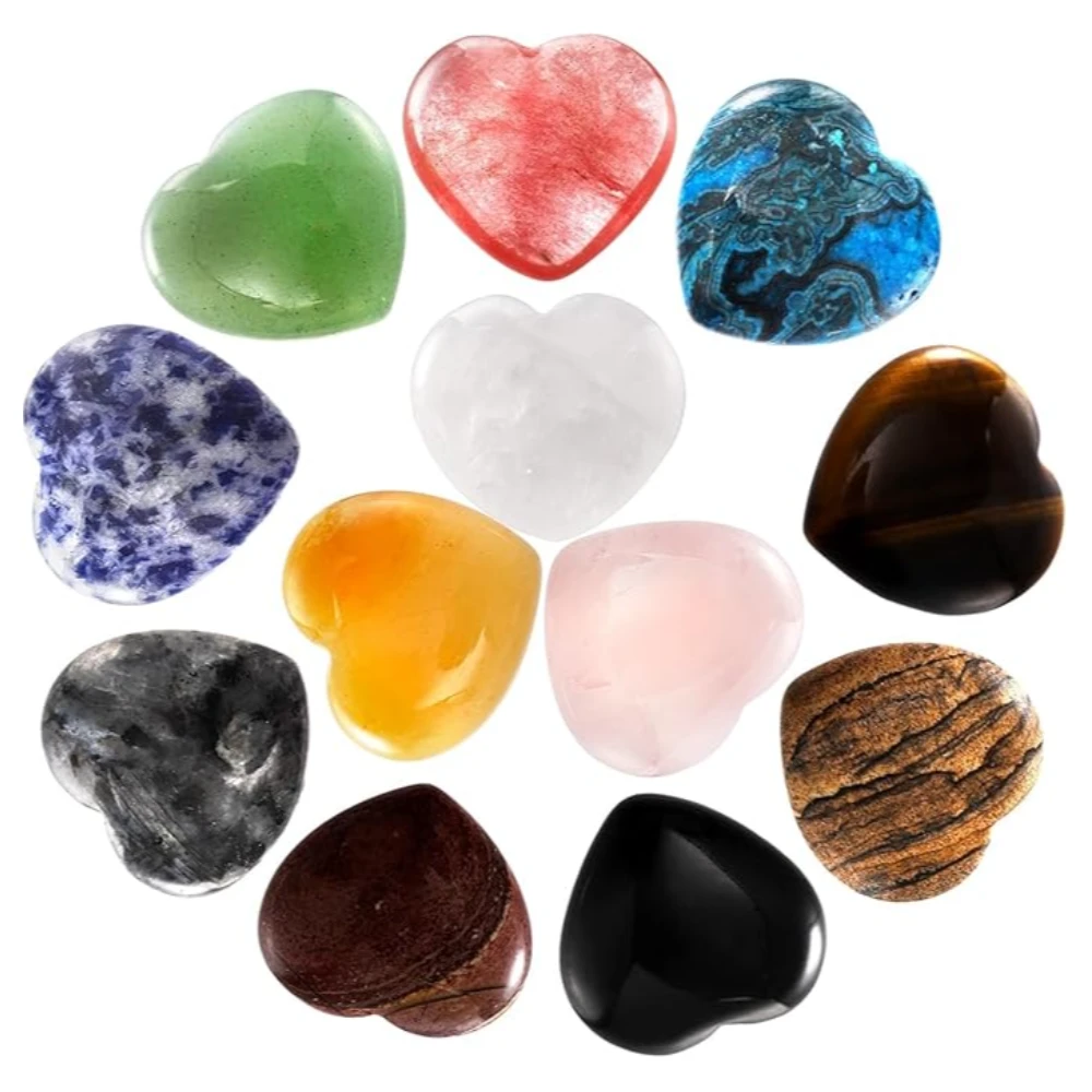 Agatesvibe 12 Pcs 1 Inch Heart Shaped Stones, Natural Heart Love Worry Stones, Chakra Healing Crystal Set for Balancing Reiki Healing Meditation Massage Energy Yoga and Decoration, 12 Colors