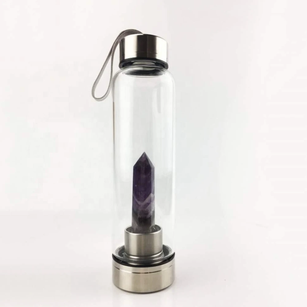 Agatesvibe Crystal Elixir Water Bottle 500ml Natural Gemstone Glass Bottle with Point Obelisk Wand & Leak Proof Stainless Steel Cap for Infused Gemwater (Amethyst)