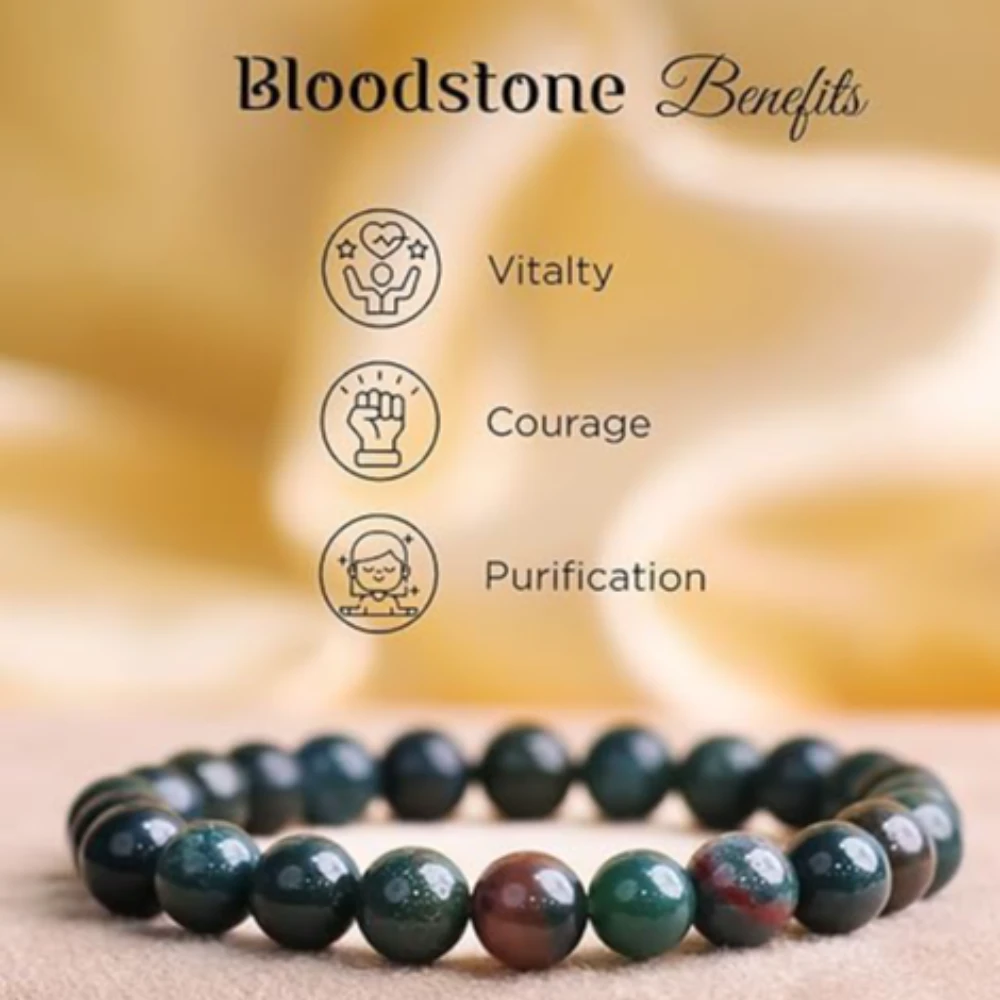 Agatesvibe Handmade Gem Semi Precious Gemstone 8mm Round Beads Stretch Bracelet (Bloodstone)