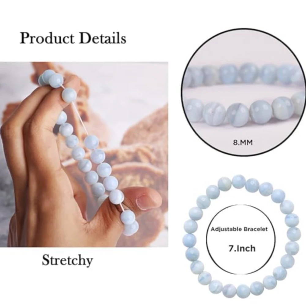 Agatesvibe Crystal Bracelet for Men & Women (8mm) | Gemstone Round Beads Bracelet for Girls | Elastic Casual Bracelet for Boys | Natural Reiki Feng Shui Healing Stone Bracelet for Unisex Adults (PAck of 1) (Colour: Blue Lace Agate)
