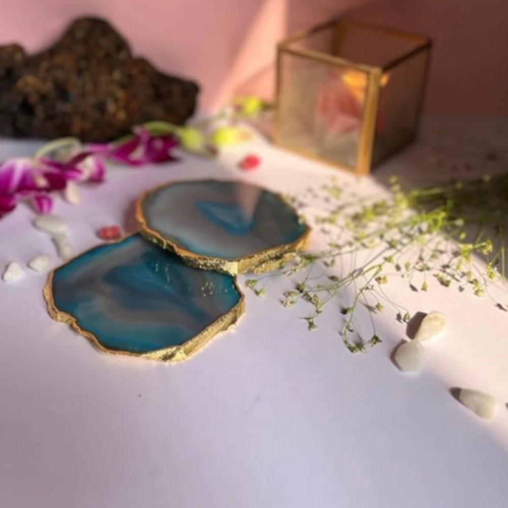 Agatesvibe Brazilian Agate Stone Coaster Beautiful Coaster Fit for Tea Cups Coffee Mugs and Glasses Perfect Table Accessories Tableware (4, Turquoise)