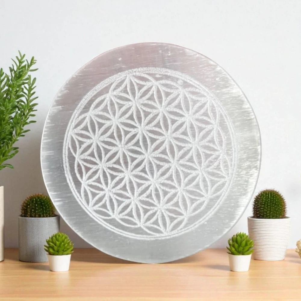 Agatesvibe Selenite Crystal Charging Plate – Engraved Sri Yantra Selenite Plate for Crystal Cleansing, Energy Recharging, & Pooja Rituals (Pack of 1) (Goddess, 3 Inch)