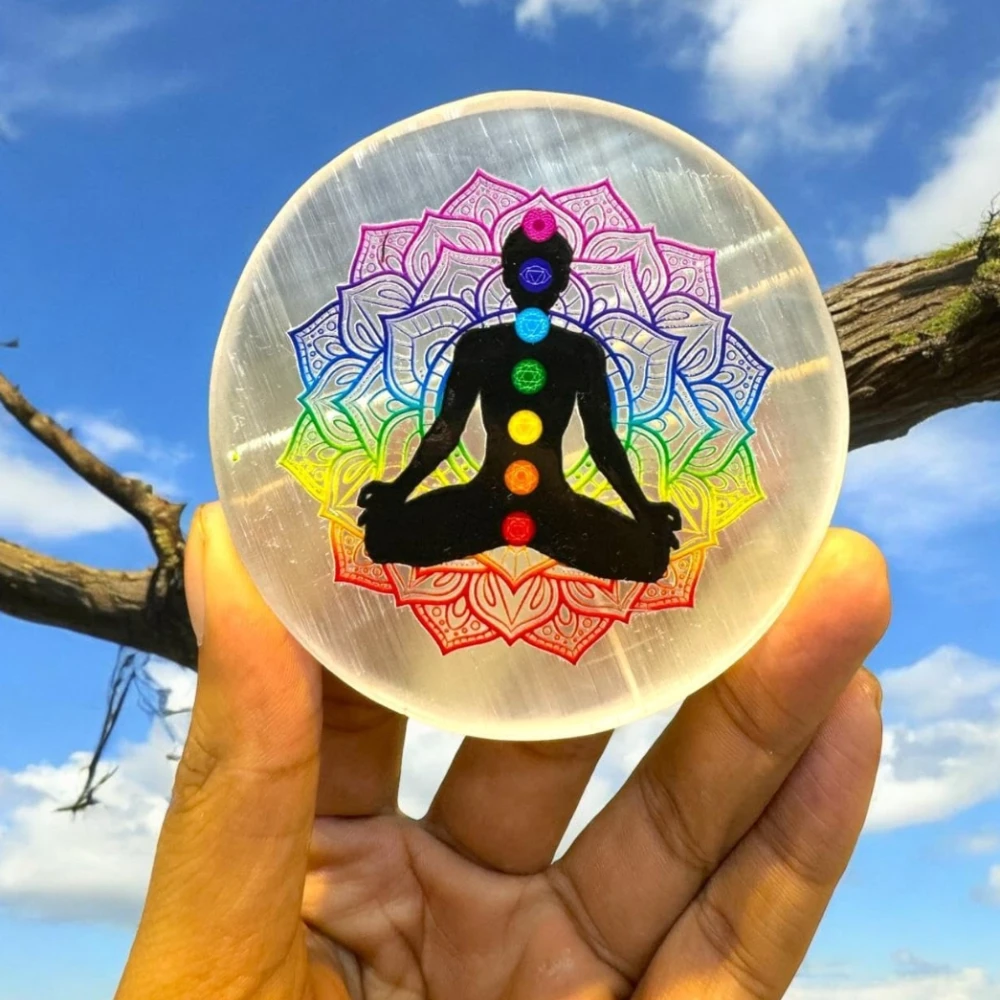 Agatesvibe Handcrafetd Natural Selenite Charging Plate in Round Shape with Engraved Symbol of Charkras Selenite Charging Plate for Postive Energy and Charger (7 Charkras 7 Charkras)