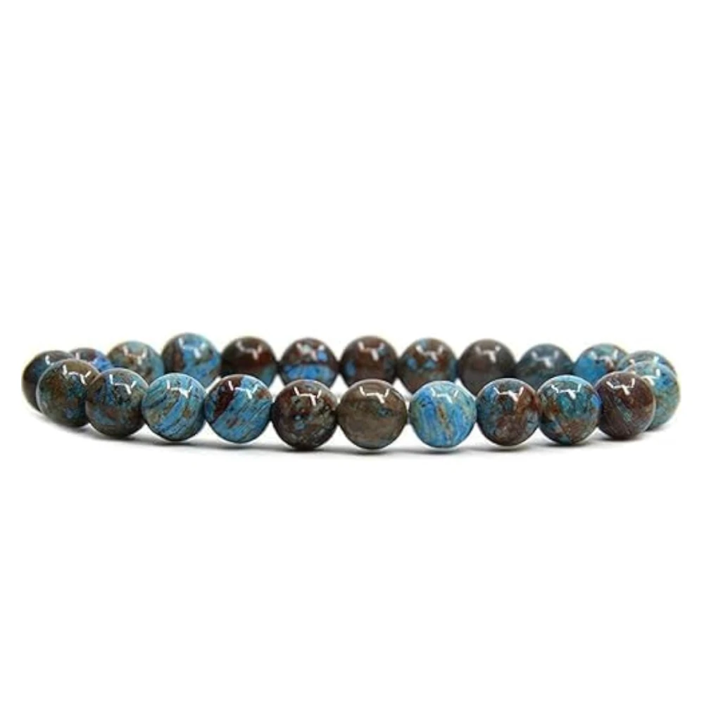 Agatesvibe Handmade Semi-Precious Gemstone Beaded Bracelet – 8mm Round Stretch Bracelet (7") for Unisex (Pack of 1) (Blue Wood Veins Jasper)